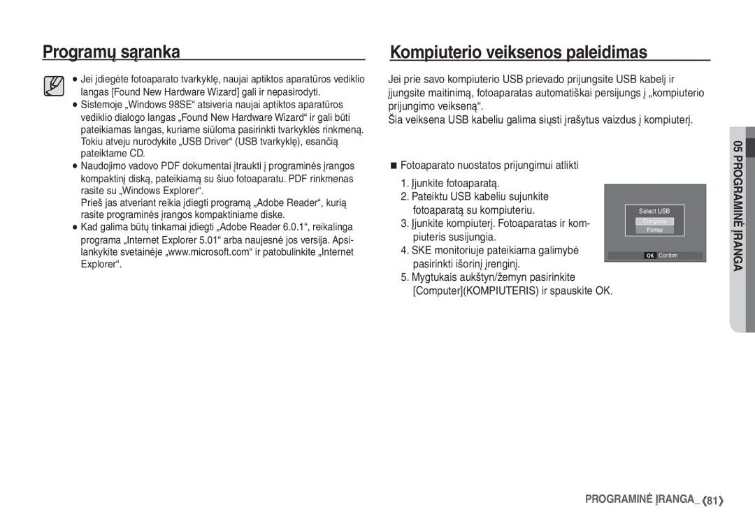 Samsung STC-S1050B manual Kompiuterio veiksenos paleidimas 