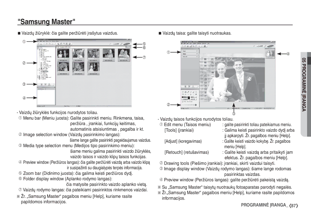 Samsung STC-S1050B manual Image selection window Vaizdų pasirinkimo langas, Tools įrankiai, Adjust koregavimas, Meniu Help 