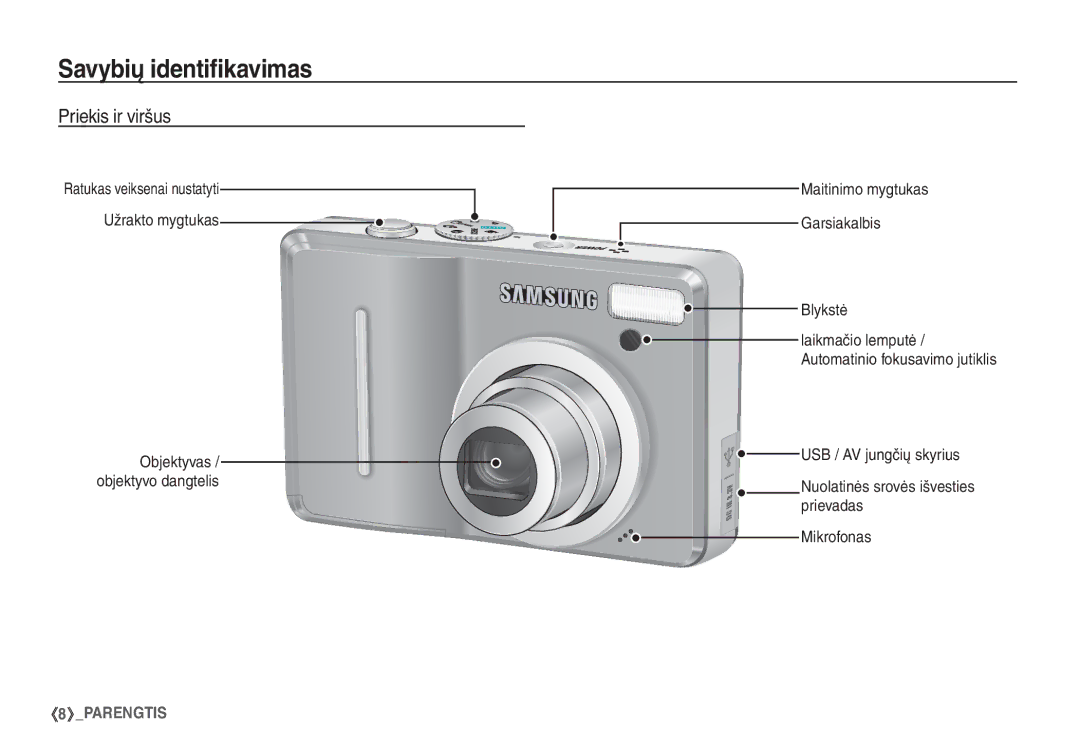 Samsung STC-S1050B manual Savybių identiﬁkavimas, Priekis ir viršus, Užrakto mygtukas 