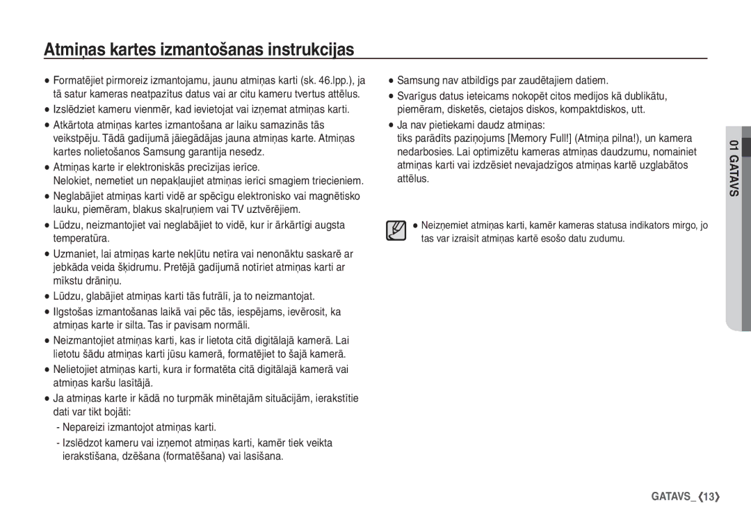 Samsung STC-S1050B manual Atmiņas kartes izmantošanas instrukcijas, Atmiņas karte ir elektroniskās precīzijas ierīce 