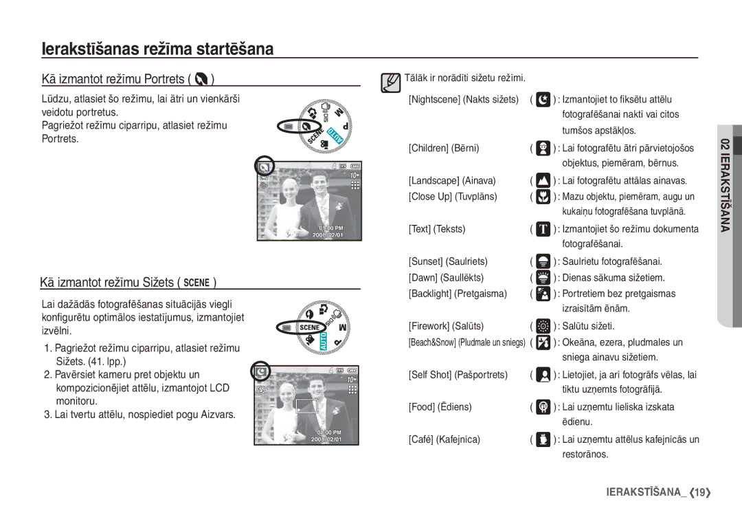 Samsung STC-S1050B manual Tālāk ir norādīti sižetu režīmi, Izmantojiet to ﬁksētu attēlu, Fotografēšanai naktī vai citos 