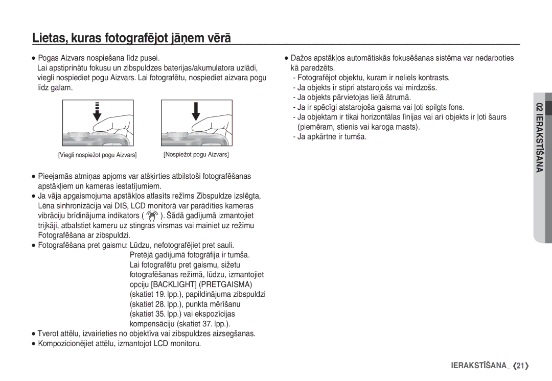 Samsung STC-S1050B manual Lietas, kuras fotografējot jāņem vērā, Ja objekts pārvietojas lielā ātrumā, Ja apkārtne ir tumša 