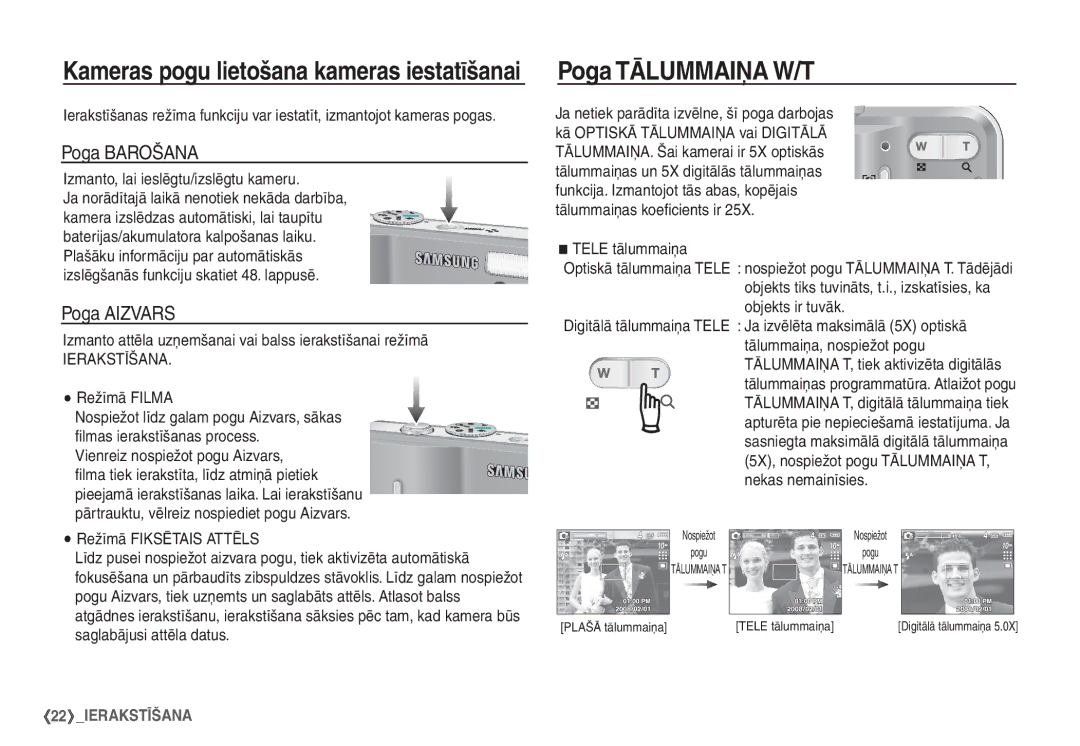 Samsung STC-S1050B manual Poga Tālummaiņa W/T, Poga Barošana, Poga Aizvars, Ierakstīšana 