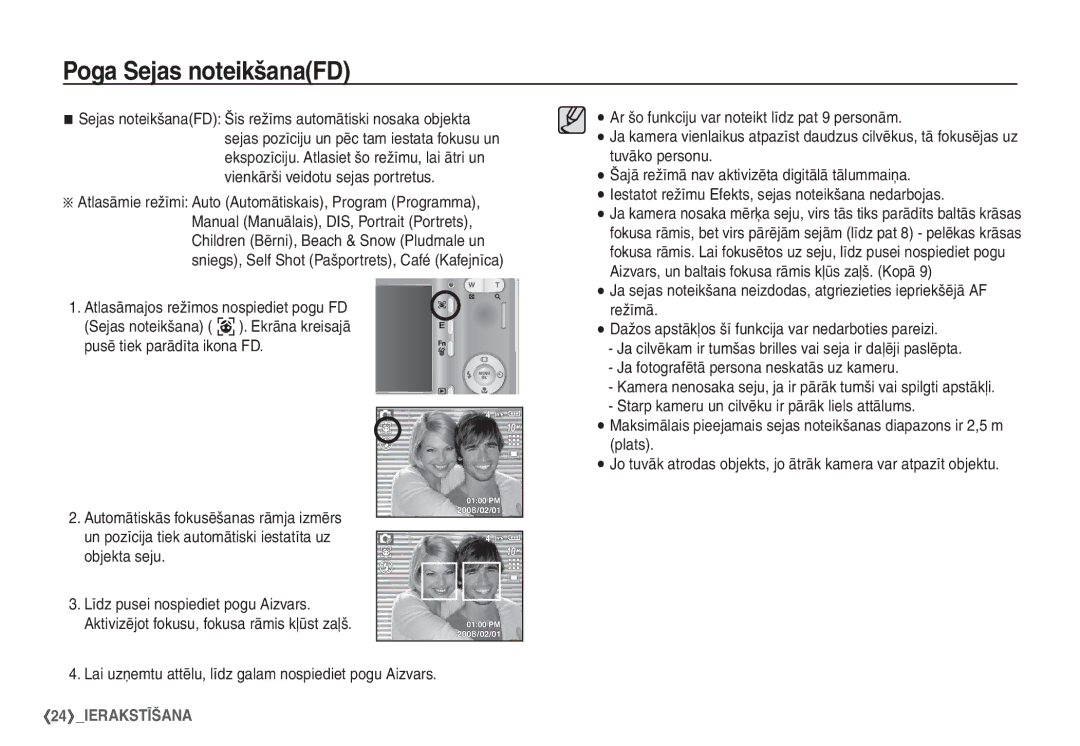 Samsung STC-S1050B manual Poga Sejas noteikšanaFD, Lai uzņemtu attēlu, līdz galam nospiediet pogu Aizvars 