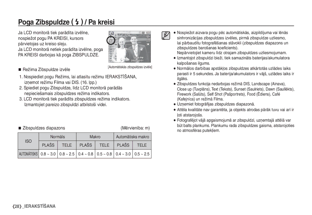 Samsung STC-S1050B manual Poga Zibspuldze / Pa kreisi, Režīma Zibspuldze izvēle, Normāls Makro, Ilgāks 