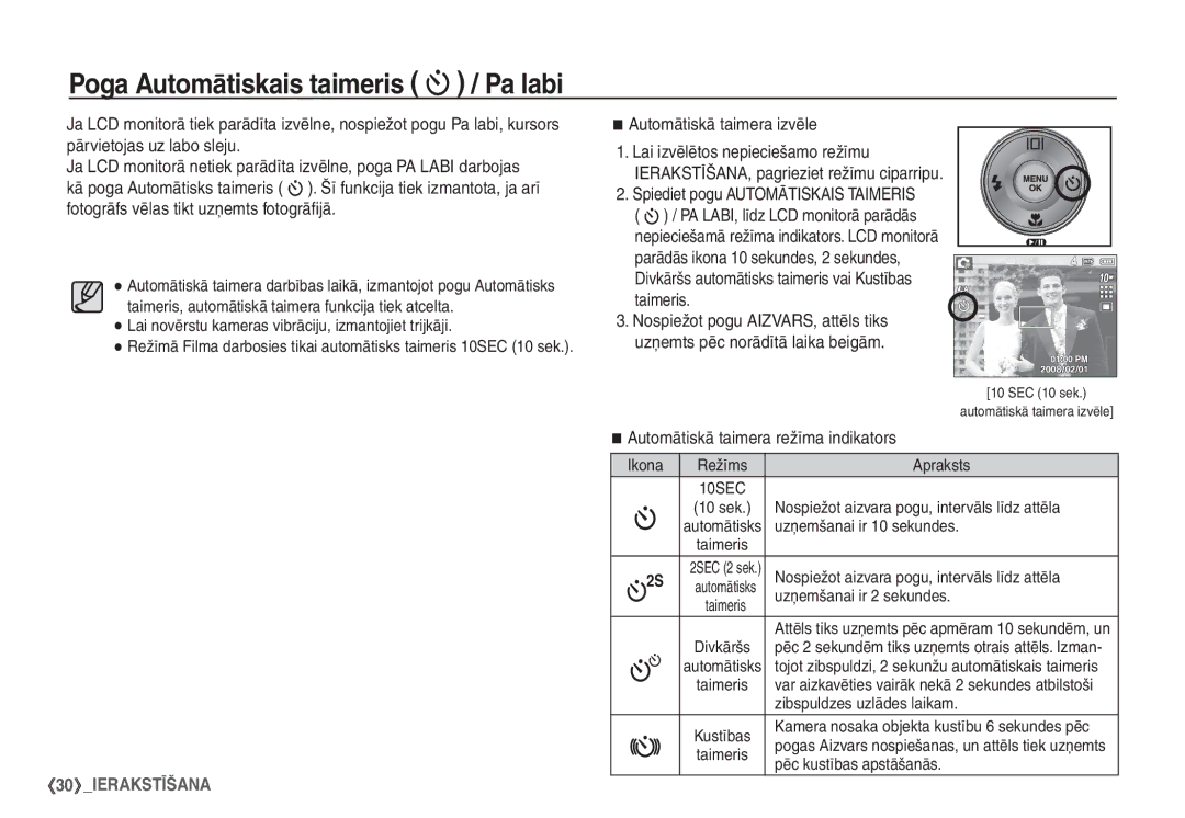 Samsung STC-S1050B manual Poga Automātiskais taimeris / Pa labi, Automātiskā taimera izvēle 