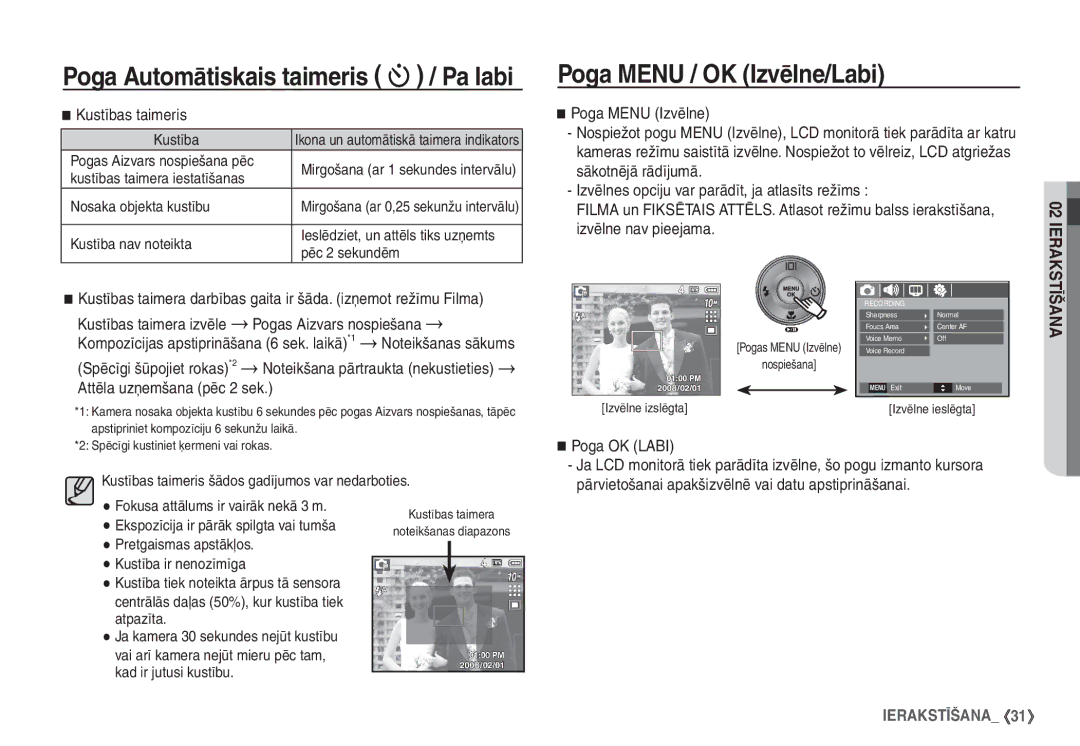 Samsung STC-S1050B manual Poga Menu / OK Izvēlne/Labi, Kustības taimeris, Kustības taimera izvēle Pogas Aizvars nospiešana 