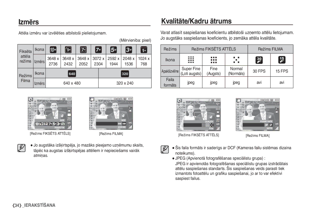 Samsung STC-S1050B manual Izmērs, Kvalitāte/Kadru ātrums 