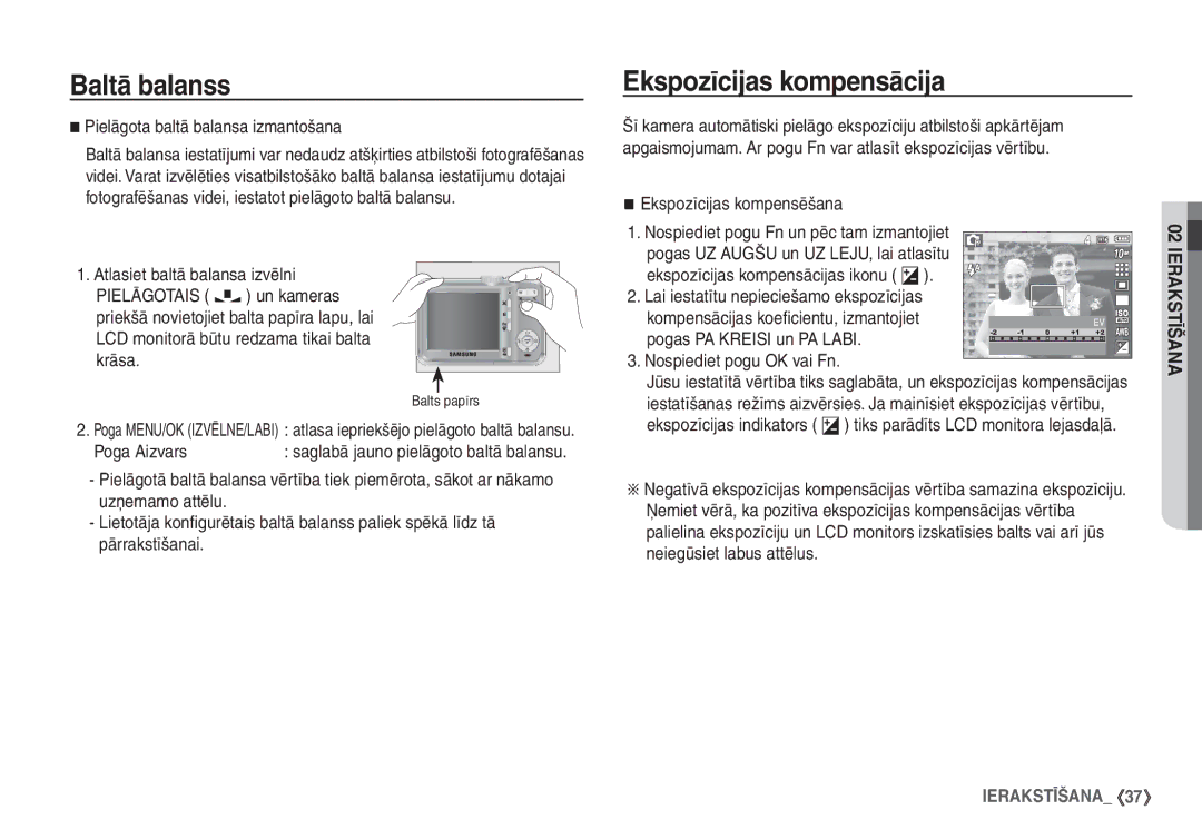 Samsung STC-S1050B manual Ekspozīcijas kompensācija, Pielāgota baltā balansa izmantošana 