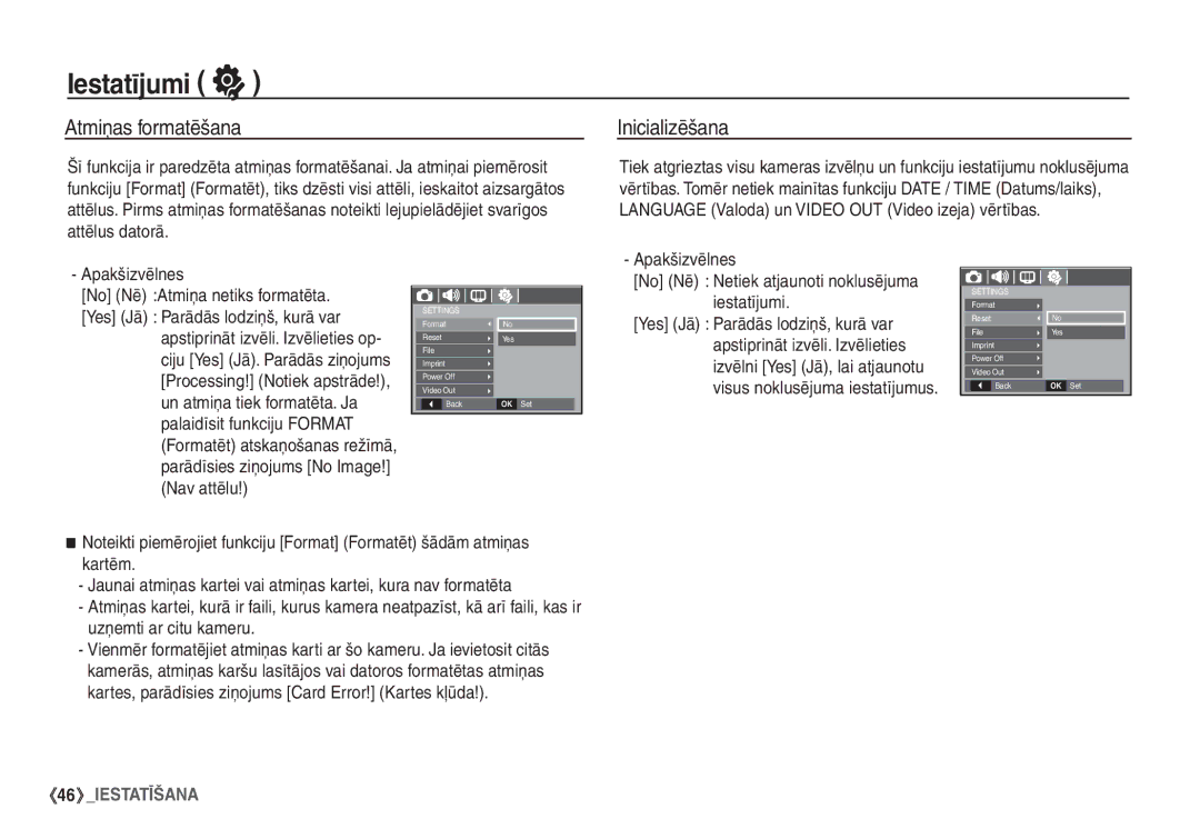 Samsung STC-S1050B manual Iestatījumi, Atmiņas formatēšana, Inicializēšana 