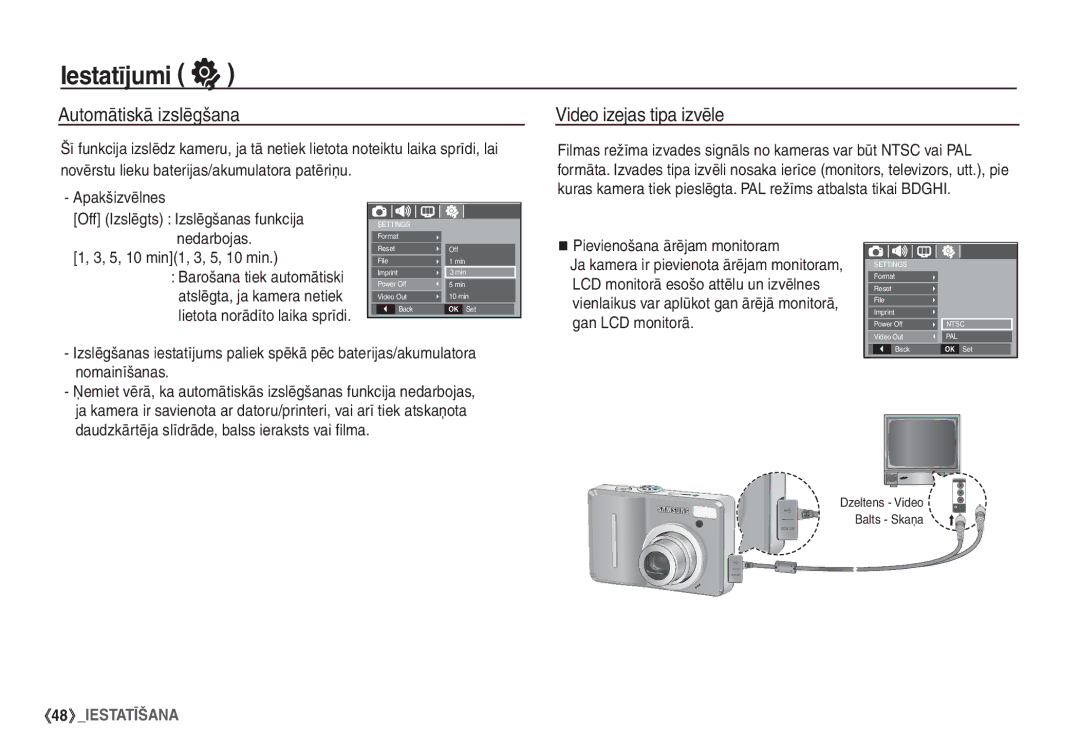 Samsung STC-S1050B manual Automātiskā izslēgšana, Video izejas tipa izvēle, 5, 10 min1, 3, 5, 10 min 