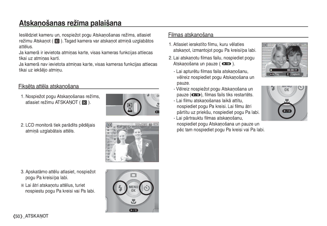 Samsung STC-S1050B manual Atskaņošanas režīma palaišana, Fiksēta attēla atskaņošana, Filmas atskaņošana 