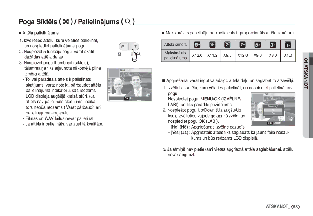 Samsung STC-S1050B manual Poga Sīktēls º / Palielinājums í, Attēla palielinājums 