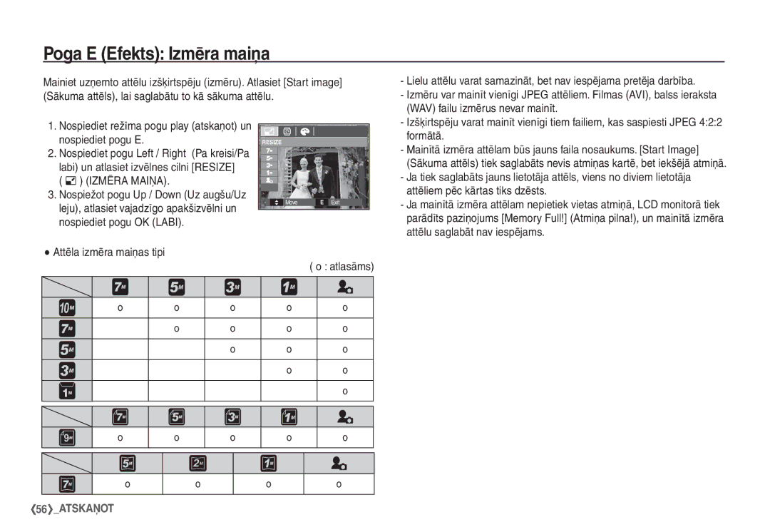 Samsung STC-S1050B manual Poga E Efekts Izmēra maiņa,  Izmēra Maiņa 