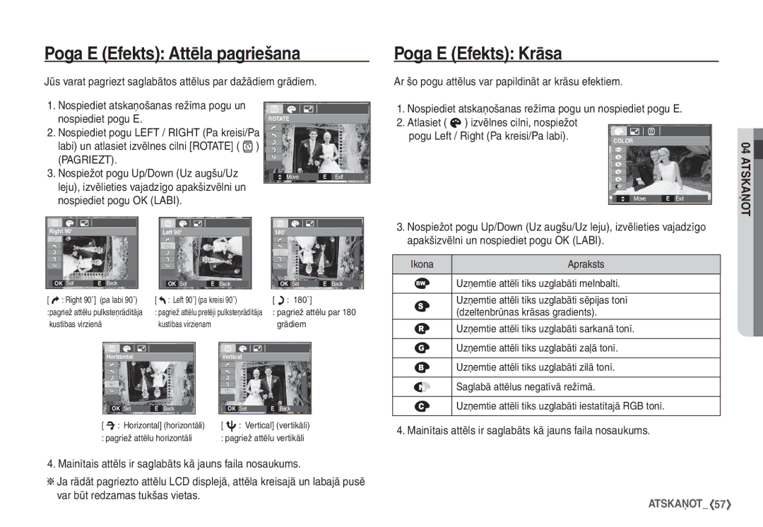 Samsung STC-S1050B manual Poga E Efekts Attēla pagriešana, Poga E Efekts Krāsa 