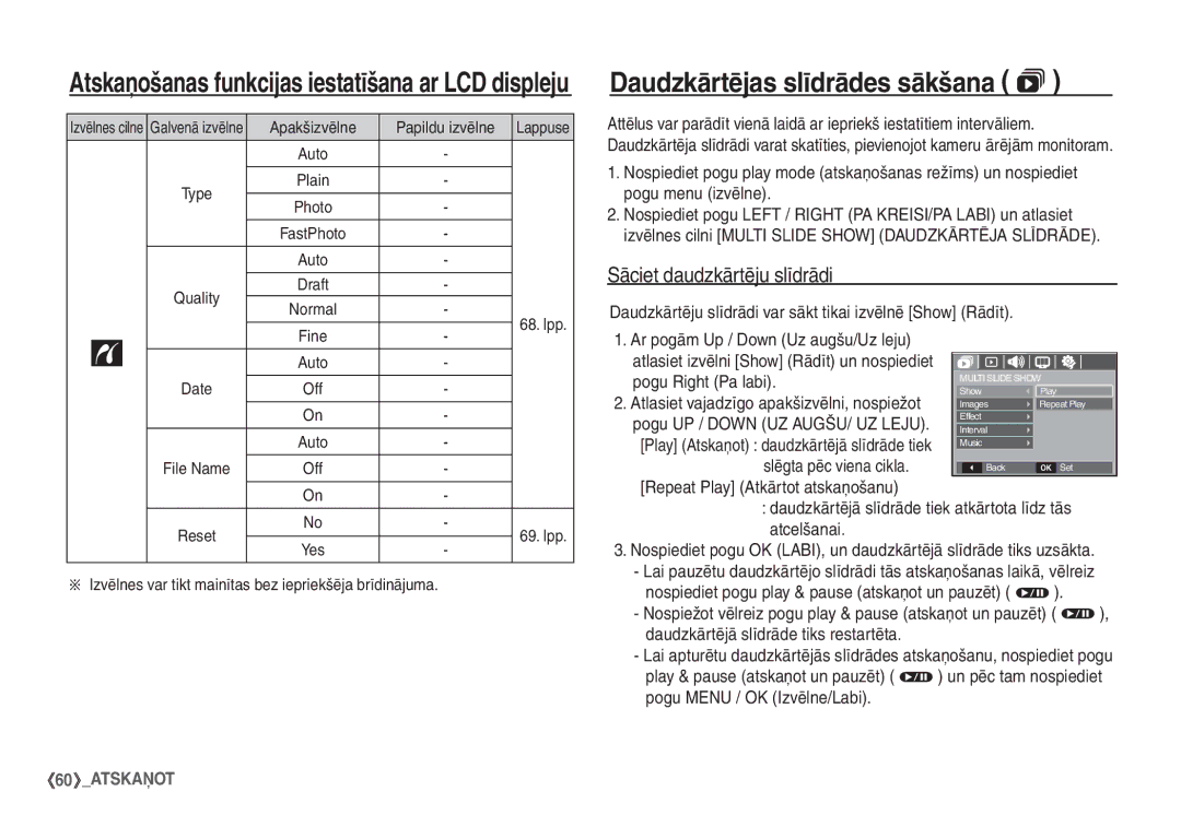 Samsung STC-S1050B manual Daudzkārtējas slīdrādes sākšana , Sāciet daudzkārtēju slīdrādi 