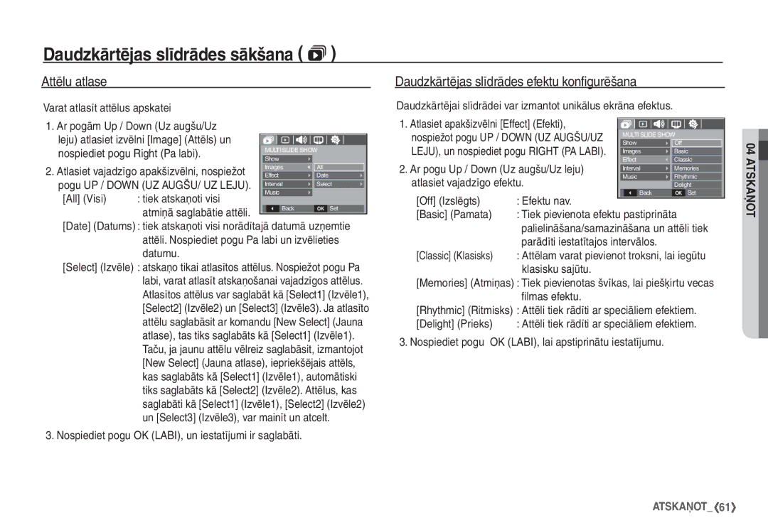 Samsung STC-S1050B manual Attēlu atlase, Daudzkārtējas slīdrādes efektu konfigurēšana 