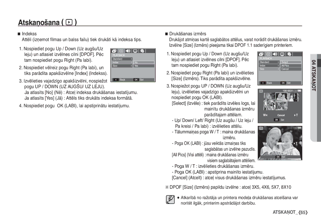 Samsung STC-S1050B manual Tam nospiediet pogu Right Pa labi, Ja atlasīts No Nē Atceļ indeksa drukāšanas iestatījumu 