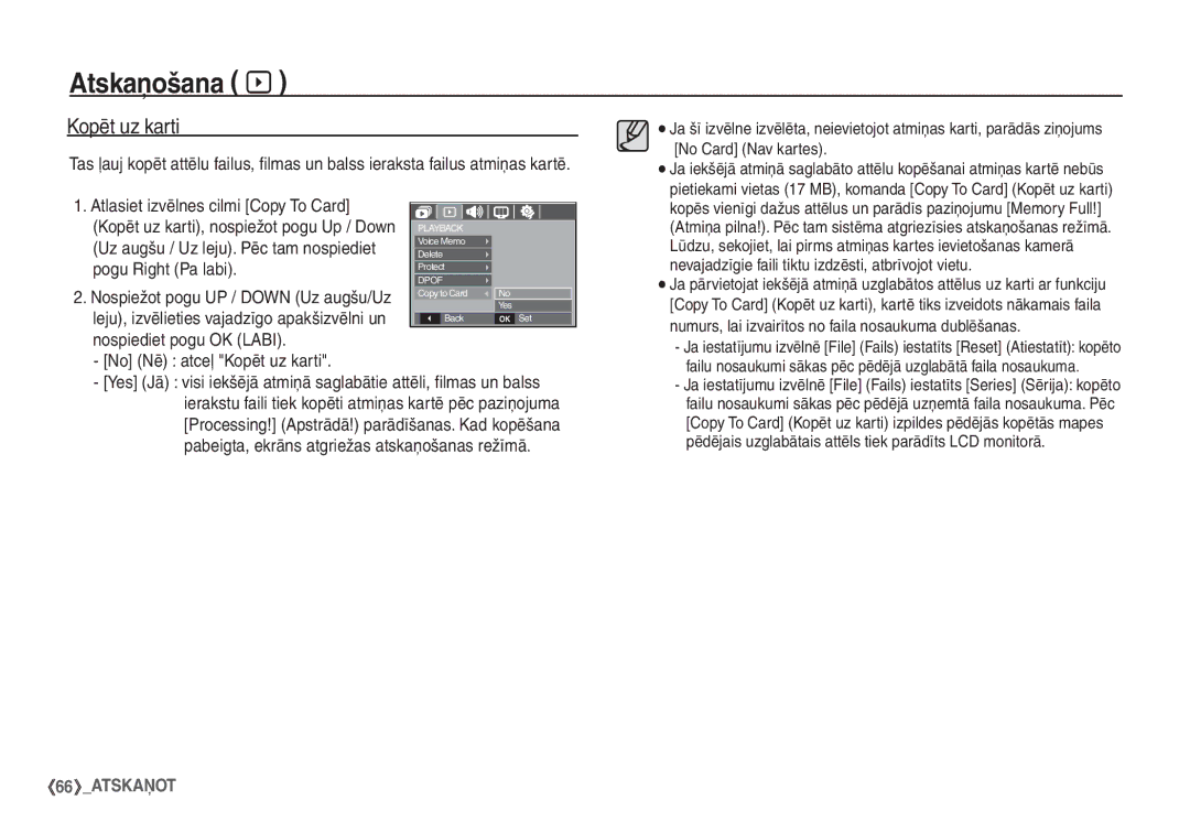 Samsung STC-S1050B manual Nospiediet pogu OK Labi No Nē atceļ Kopēt uz karti, Kopēt uz karti, nospiežot pogu Up / Down 