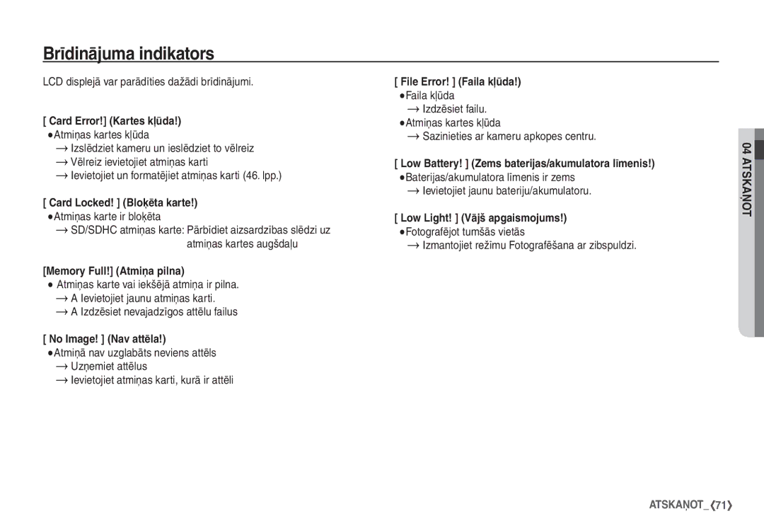 Samsung STC-S1050B manual Brīdinājuma indikators 