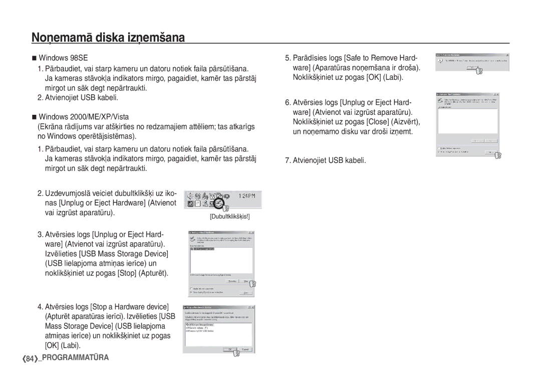 Samsung STC-S1050B manual Noņemamā diska izņemšana, Windows 98SE, Atvienojiet USB kabeli 