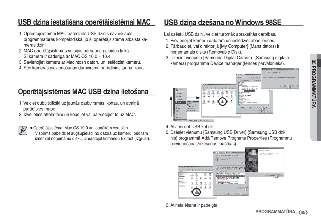 Samsung STC-S1050B manual USB dziņa dzēšana no Windows 98SE, Savienojiet kameru ar Macintosh datoru un ieslēdziet kameru 