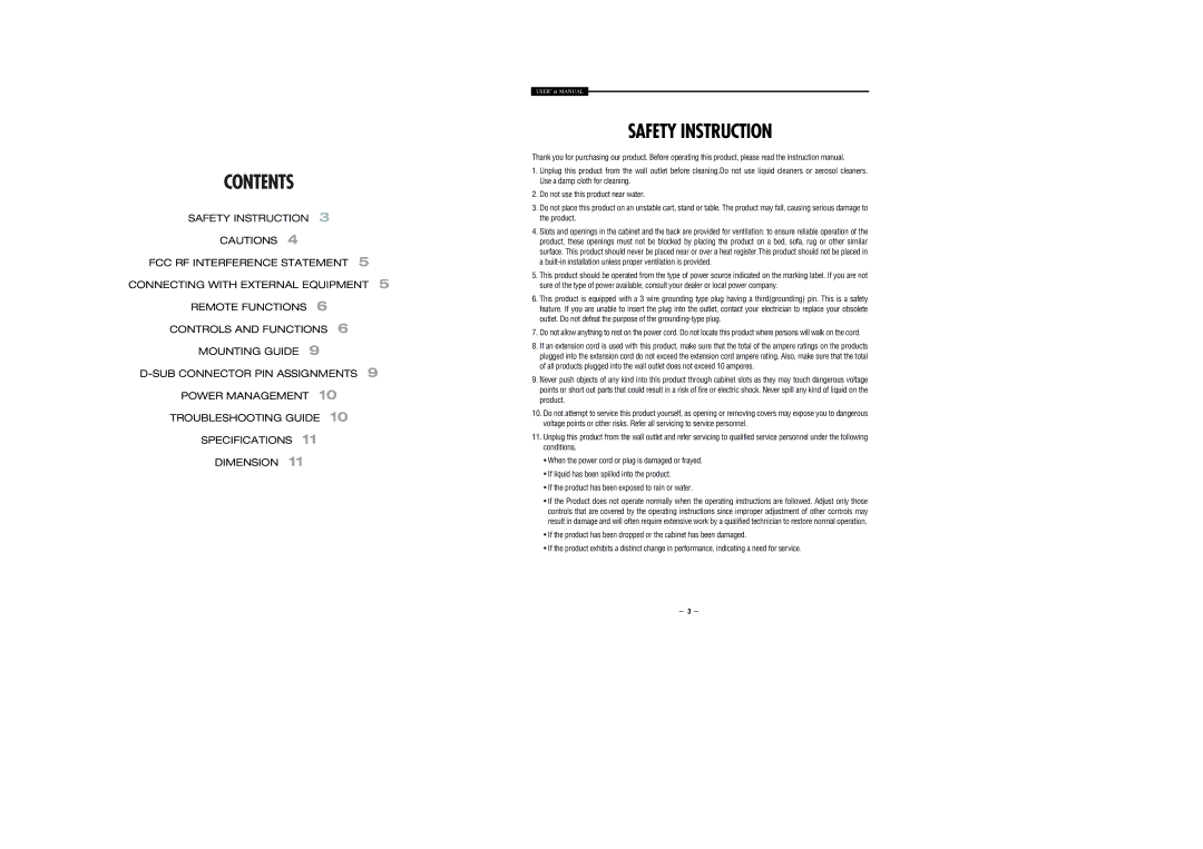 Samsung STM-17LV, STM-19LV instruction manual Contents, Safety Instruction 