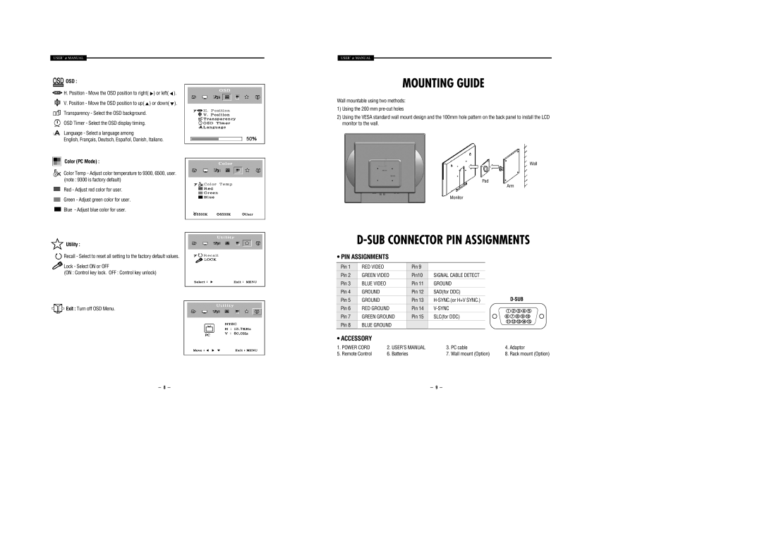 Samsung STM-19LV, STM-17LV instruction manual Mounting Guide, SUB Connector PIN Assignments, Accessory 