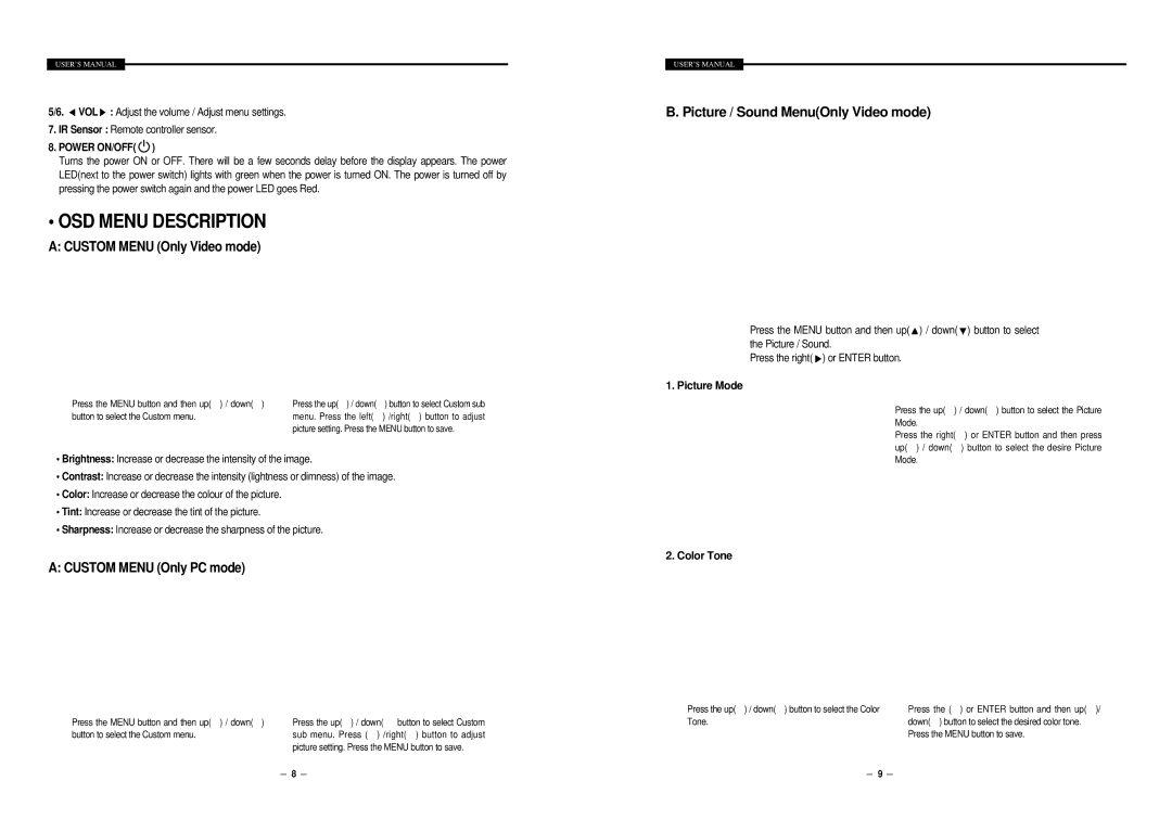 Samsung STM-19LA/17LA user manual Picture / Sound MenuOnly Video mode, Power ON/OFF 