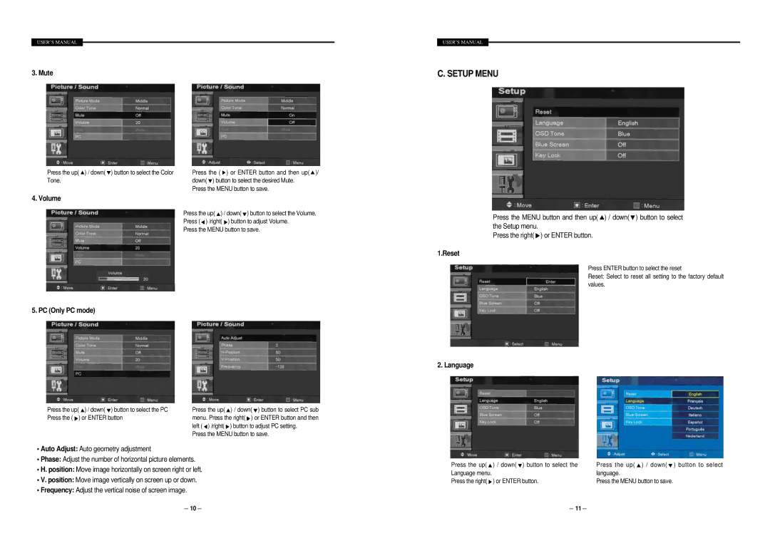 Samsung STM-19LA/17LA user manual Mute, Volume PC Only PC mode, Reset, Language 