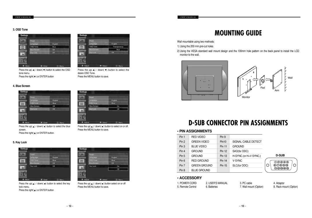 Samsung STM-19LA/17LA user manual Mounting Guide, PIN Assignments, Accessory 