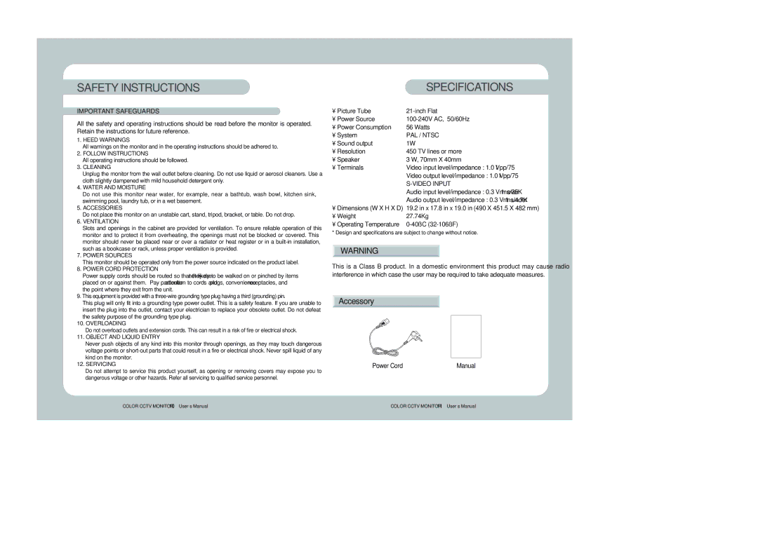 Samsung STM-21F user manual Safety Instructions, Specifications 