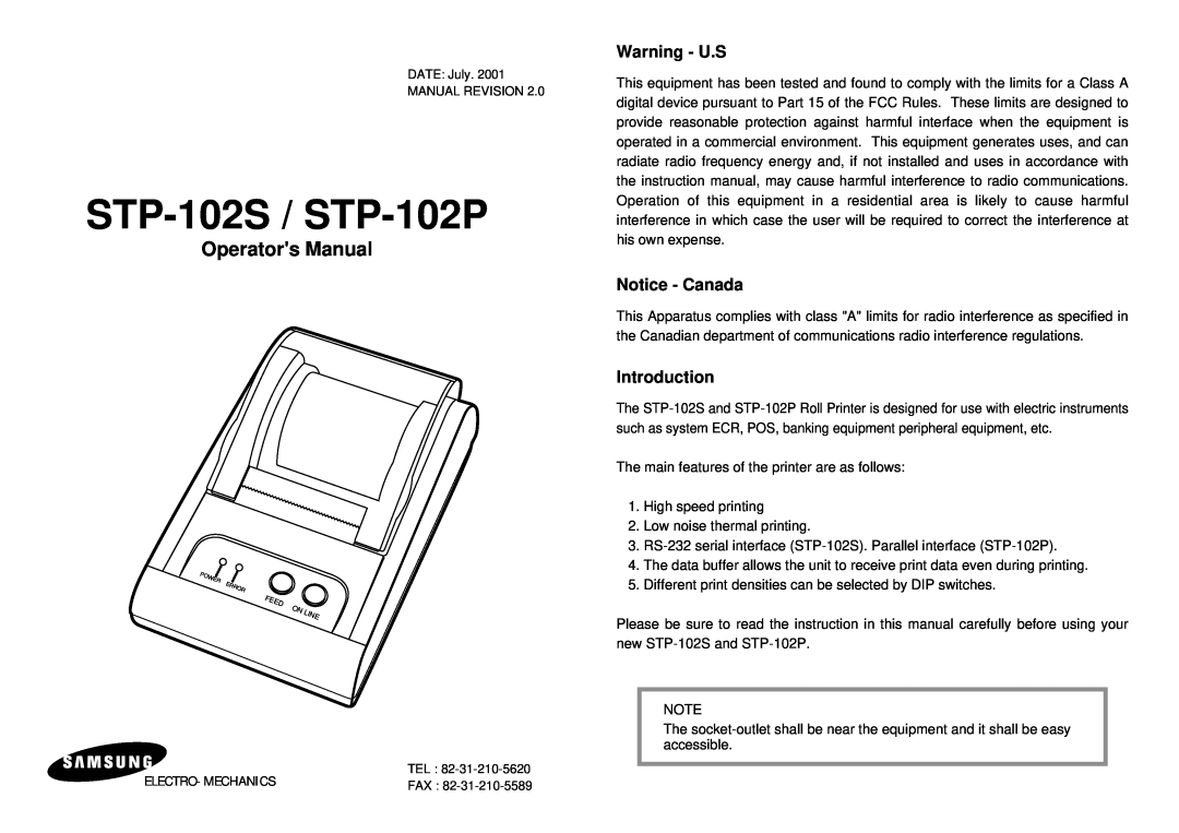 Samsung instruction manual Warning - U.S, Notice - Canada, Introduction, STP-102S / STP-102P, Operators Manual 