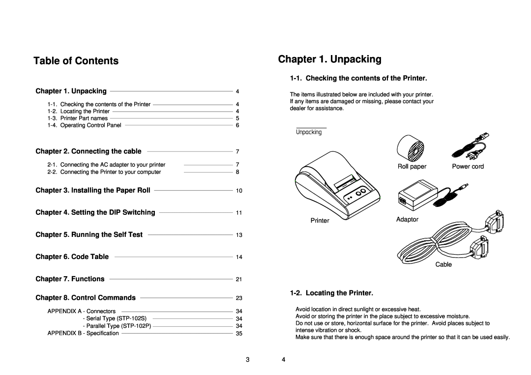 Samsung STP-102S, STP-102P instruction manual Table of Contents, Unpacking, Roll paper, Power cord, PrinterAdaptor Cable 