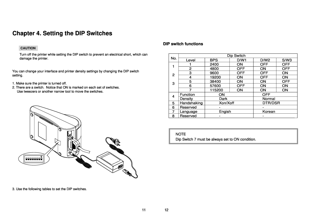 Samsung STP-102S, STP-102P instruction manual Setting the DIP Switches, DIP switch functions 