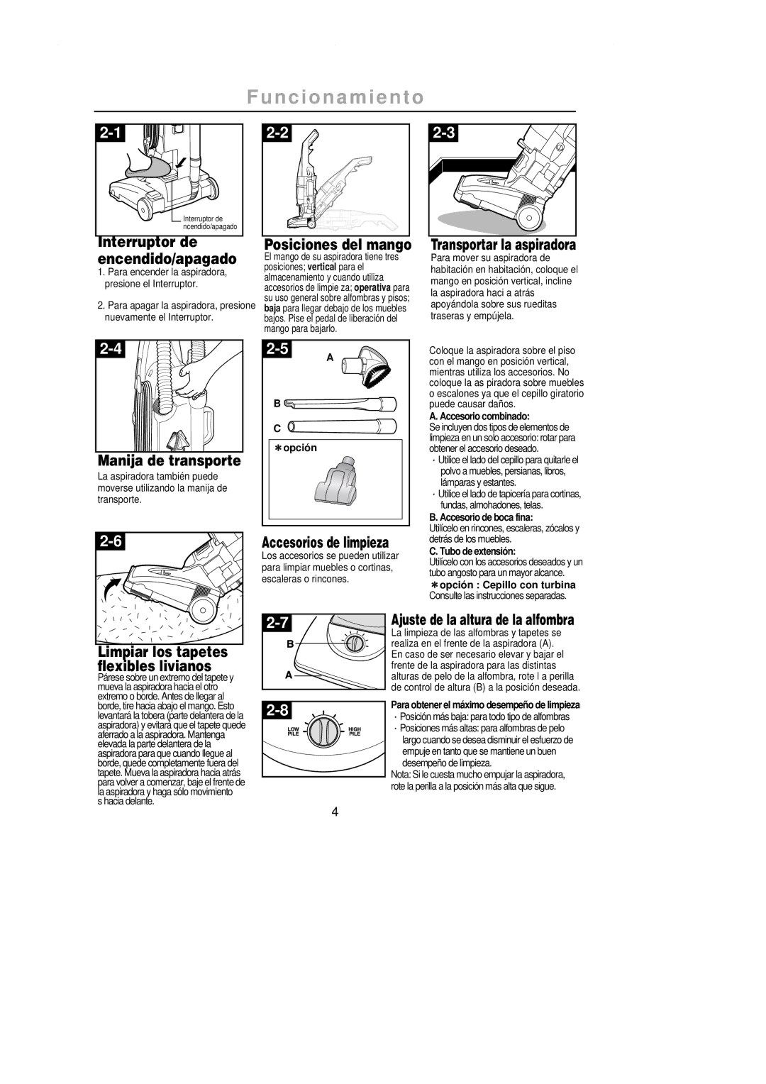 Samsung SU-2900 operating instructions Interruptor de Posiciones del mango, Encendido/apagado, Manija de transporte 