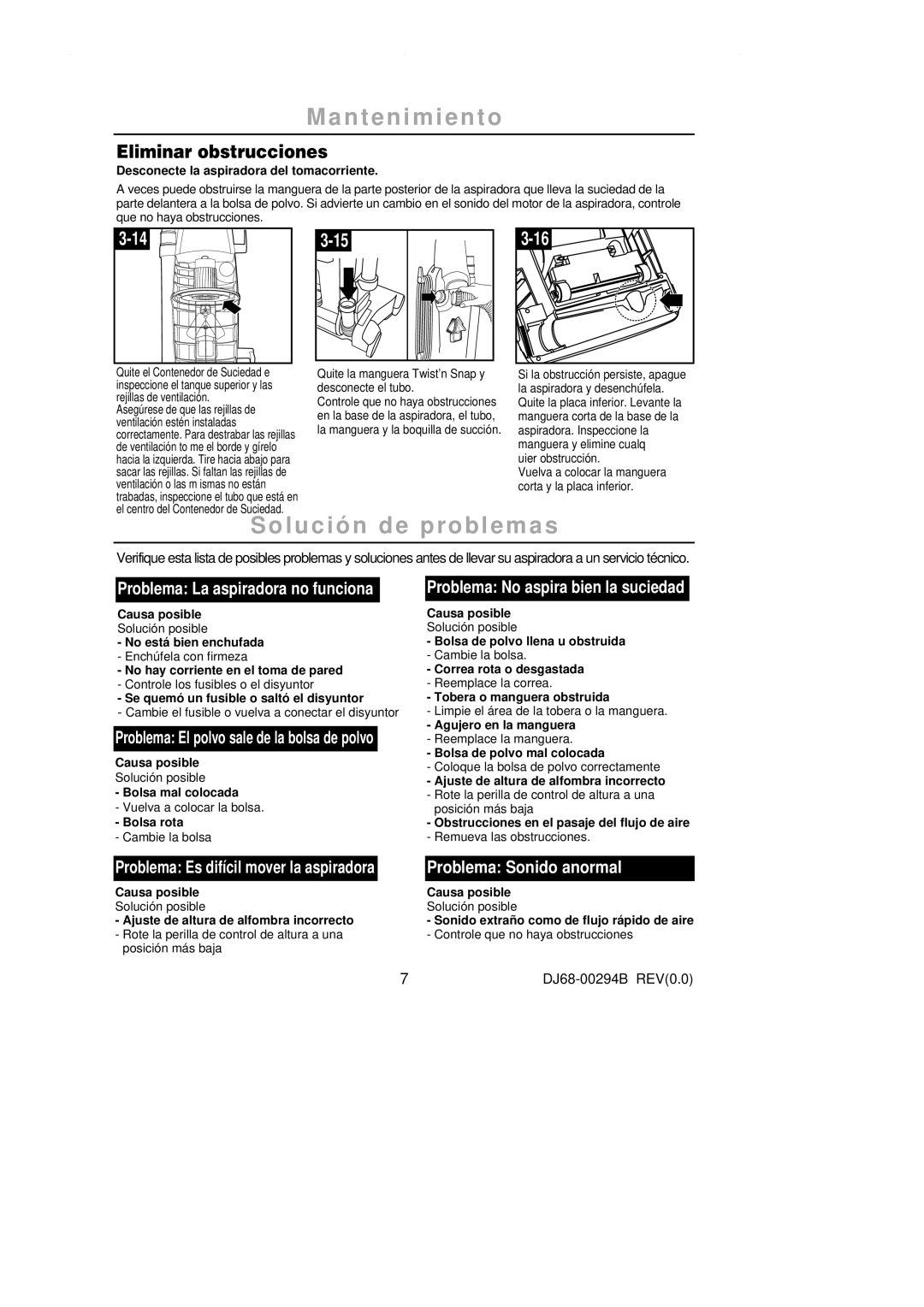 Samsung SU-2900 operating instructions L u c i ó n d e p ro bl e m a s, Eliminar obstrucciones 