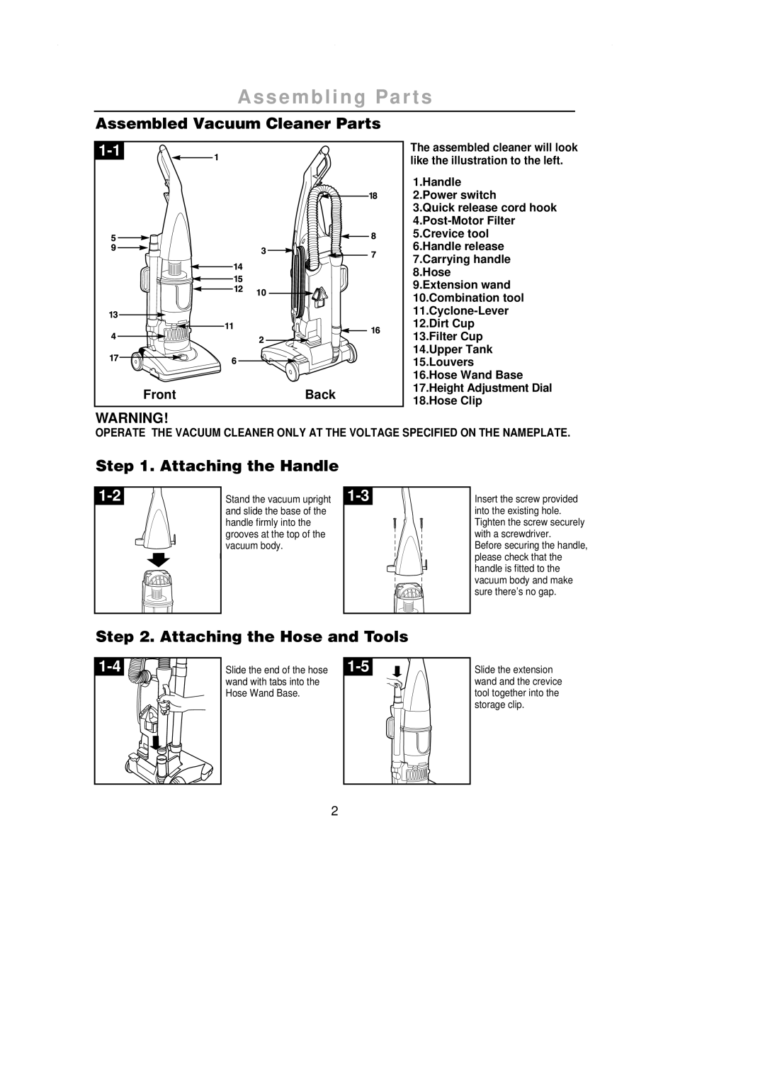 Samsung SU-2900 S e m bl i n g Pa r t s, Assembled Vacuum Cleaner Parts, Attaching the Handle, Front Back 