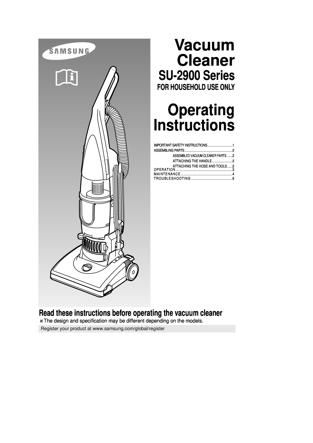 Samsung operating instructions Vacuum Cleaner, Operating Instructions, SU-2900Series, For Household Use Only 