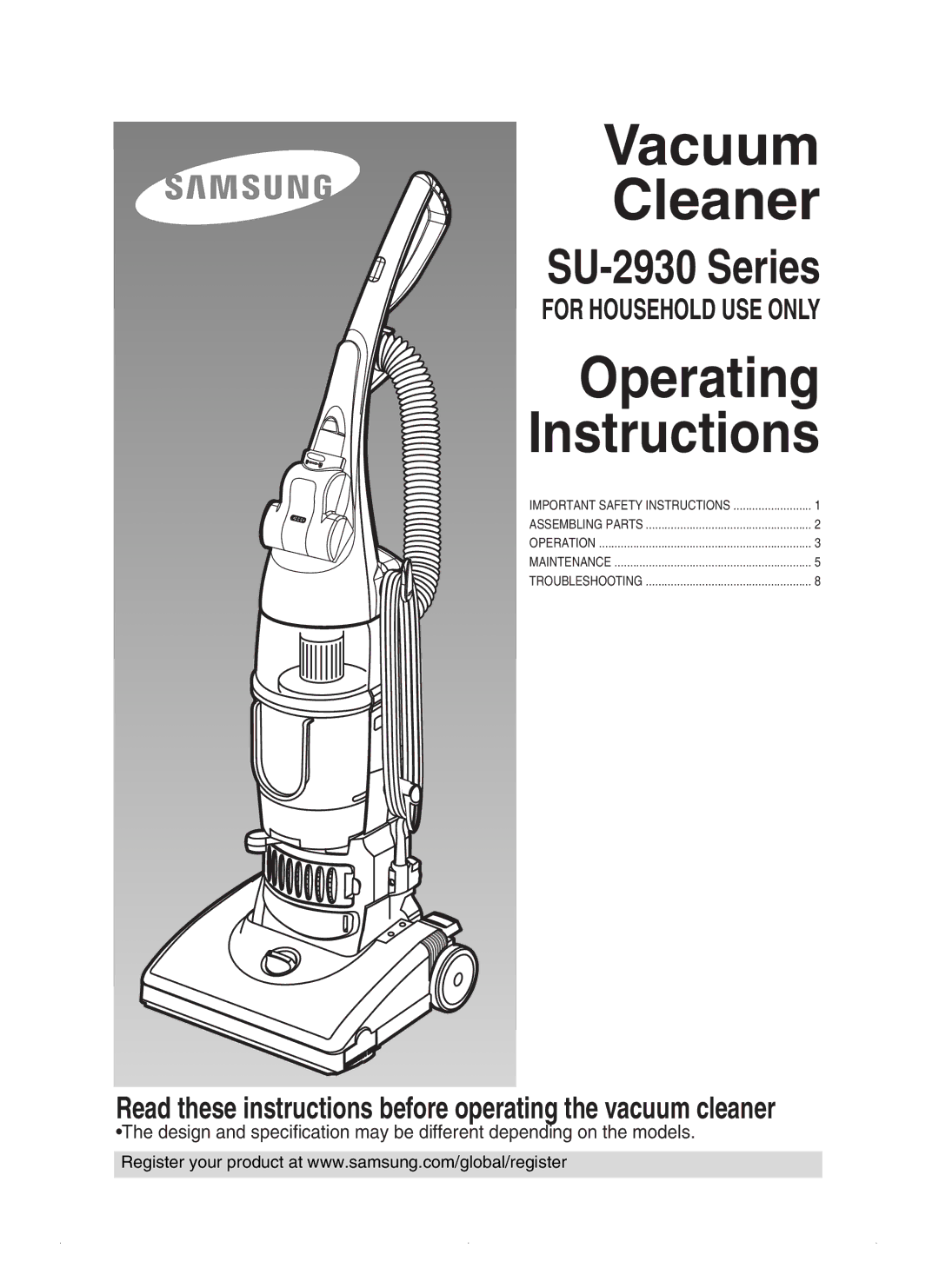 Samsung SU-2930 Series important safety instructions Vacuum Cleaner 