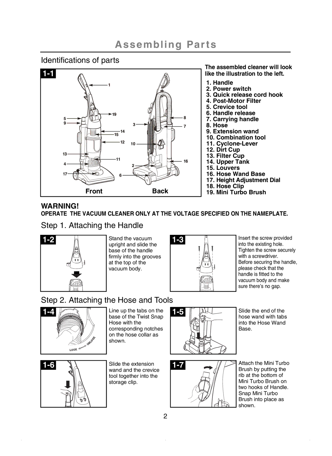 Samsung SU-2930 Series important safety instructions Assembling Par ts, Front Back 