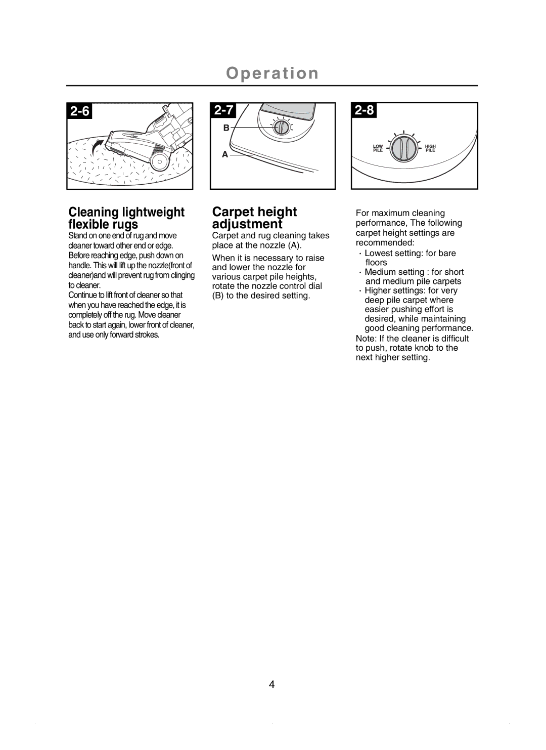 Samsung SU-2930 Series important safety instructions Carpet height adjustment, Cleaning lightweight flexible rugs 