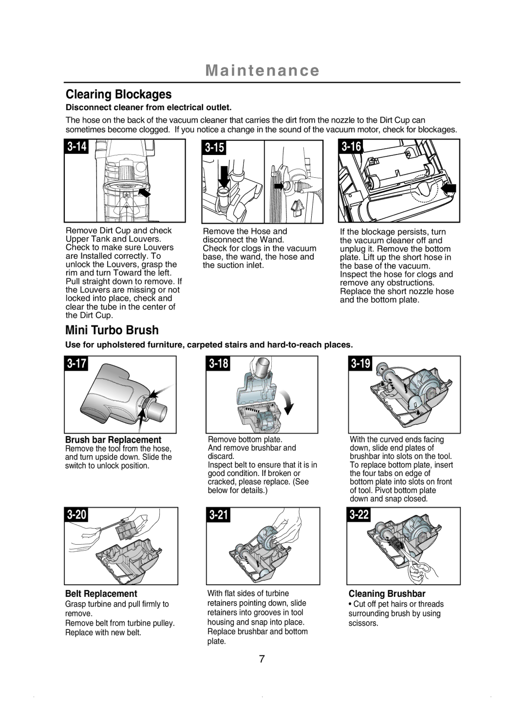 Samsung SU-2930 Series important safety instructions Clearing Blockages, Mini Turbo Brush 