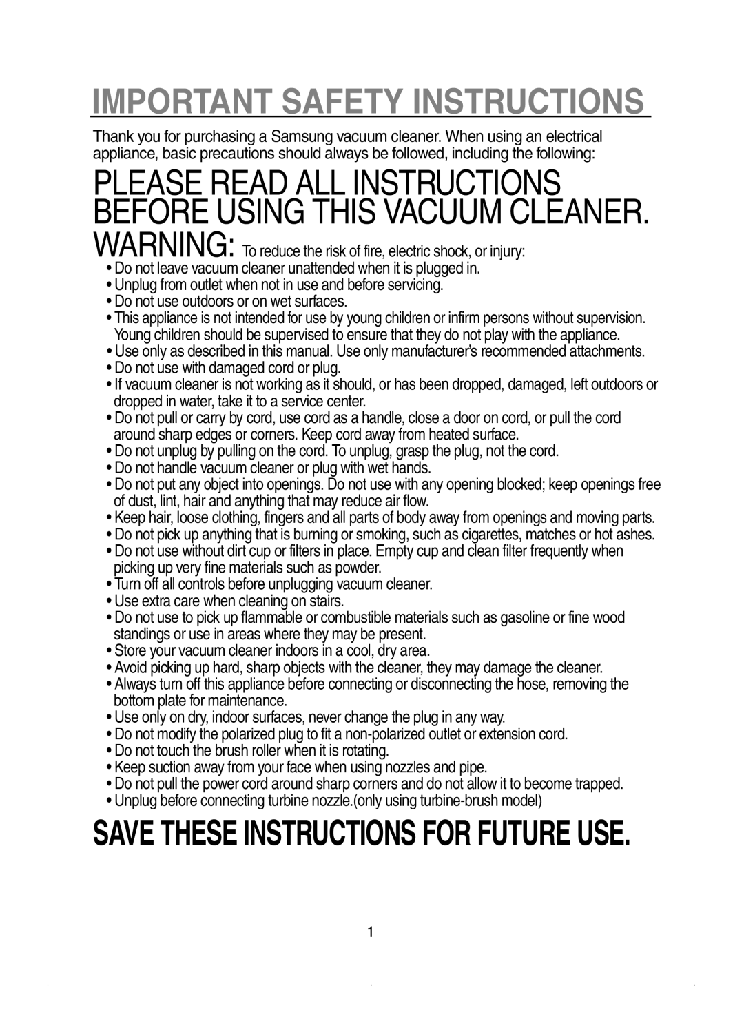 Samsung SU-2930 Series Important Safety Instructions, Please Read All Instructions Before Using This Vacuum Cleaner 