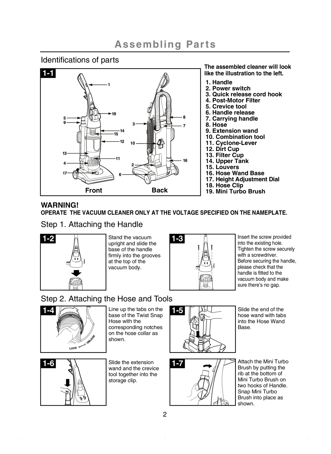 Samsung SU-2930 Series Assembling Par ts, Identifications of parts, Attaching the Handle, Attaching the Hose and Tools 