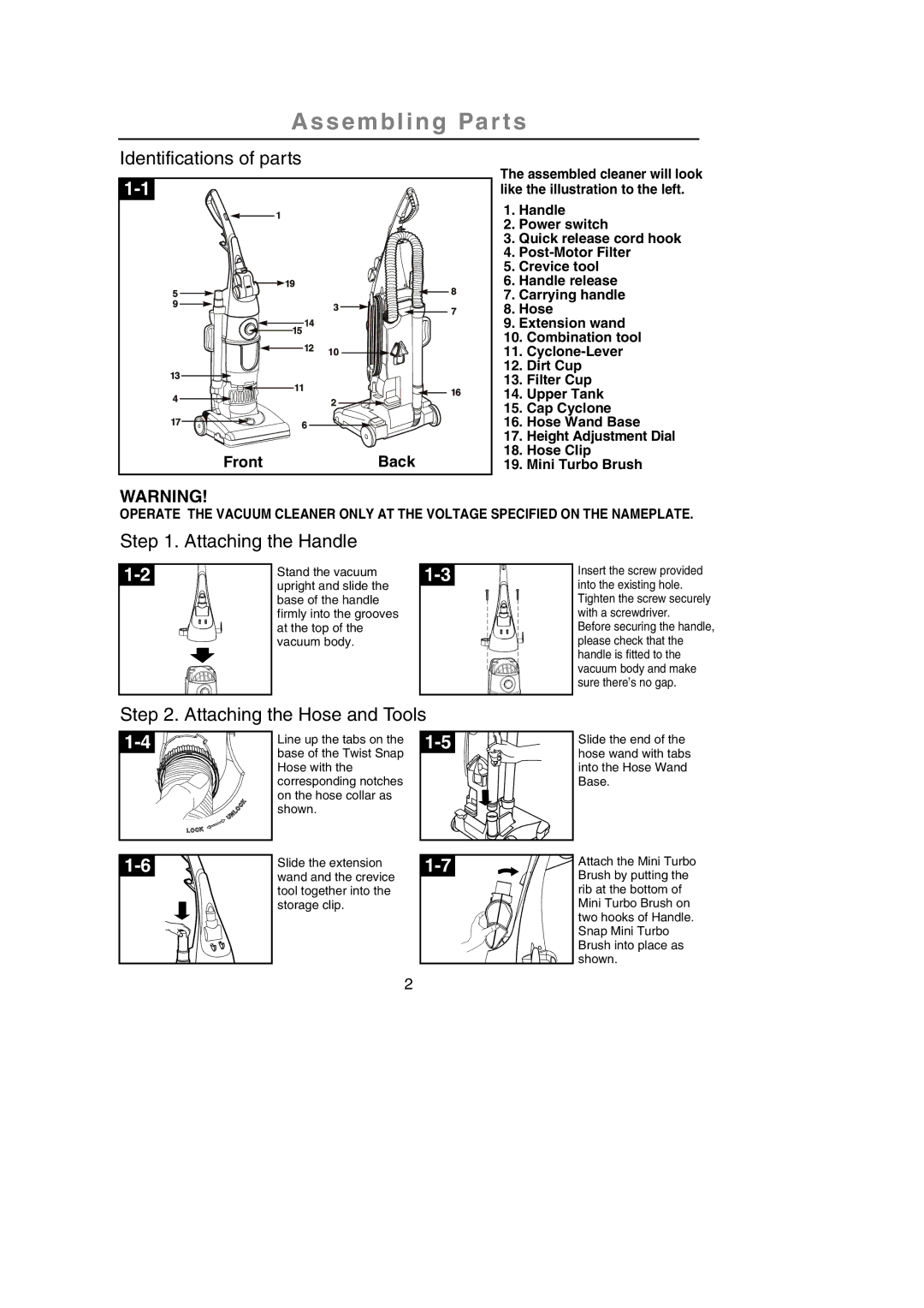 Samsung SU-2950 Series operating instructions Assembling Par ts, Identifications of parts 