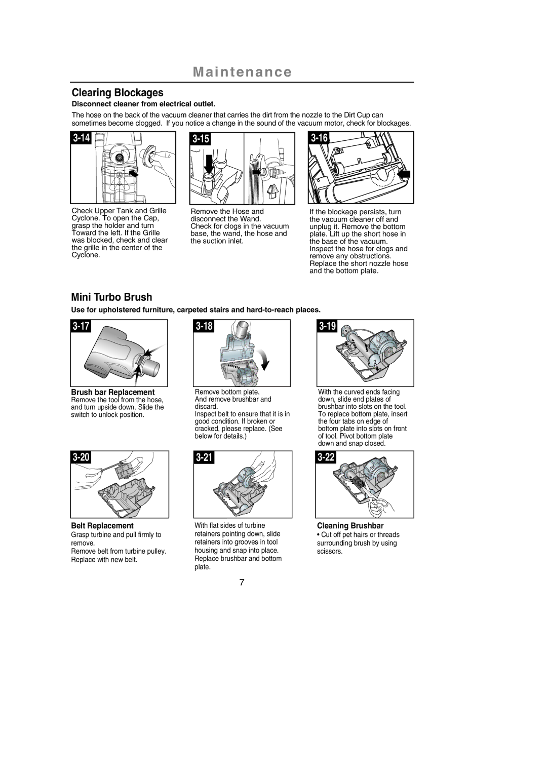 Samsung SU-2950 Series operating instructions Clearing Blockages, Mini Turbo Brush 