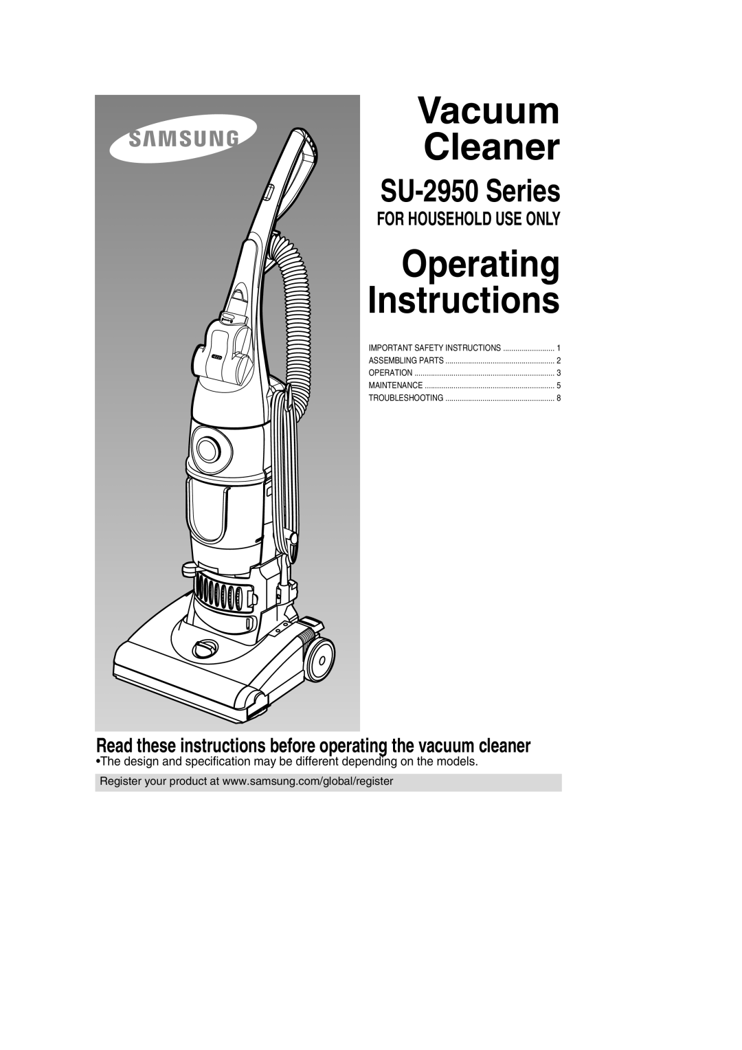 Samsung SU-2950 Series operating instructions Vacuum Cleaner, Operating Instructions, SU-2950Series 