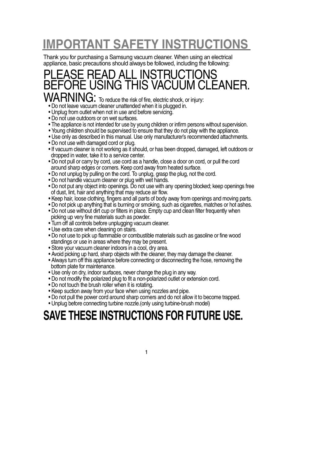 Samsung SU-2950 Series operating instructions Important Safety Instructions, Save These Instructions For Future Use 