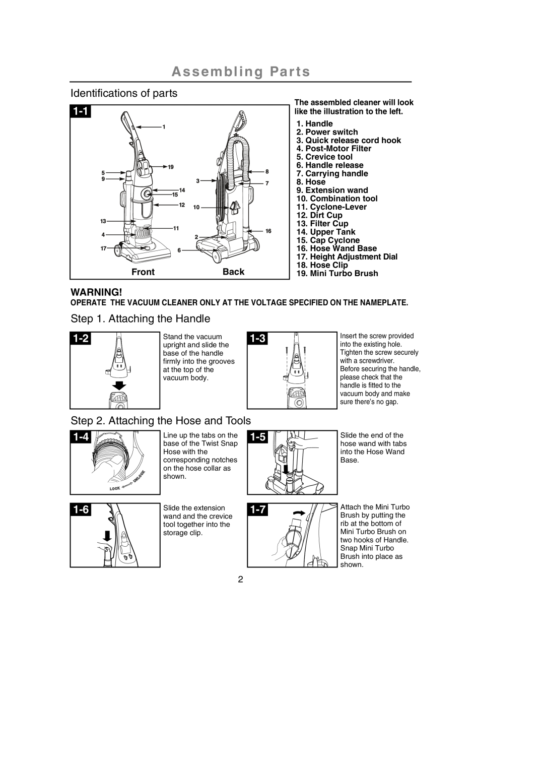 Samsung SU-2950 Series Assembling Par ts, Identifications of parts, Attaching the Handle, Attaching the Hose and Tools 